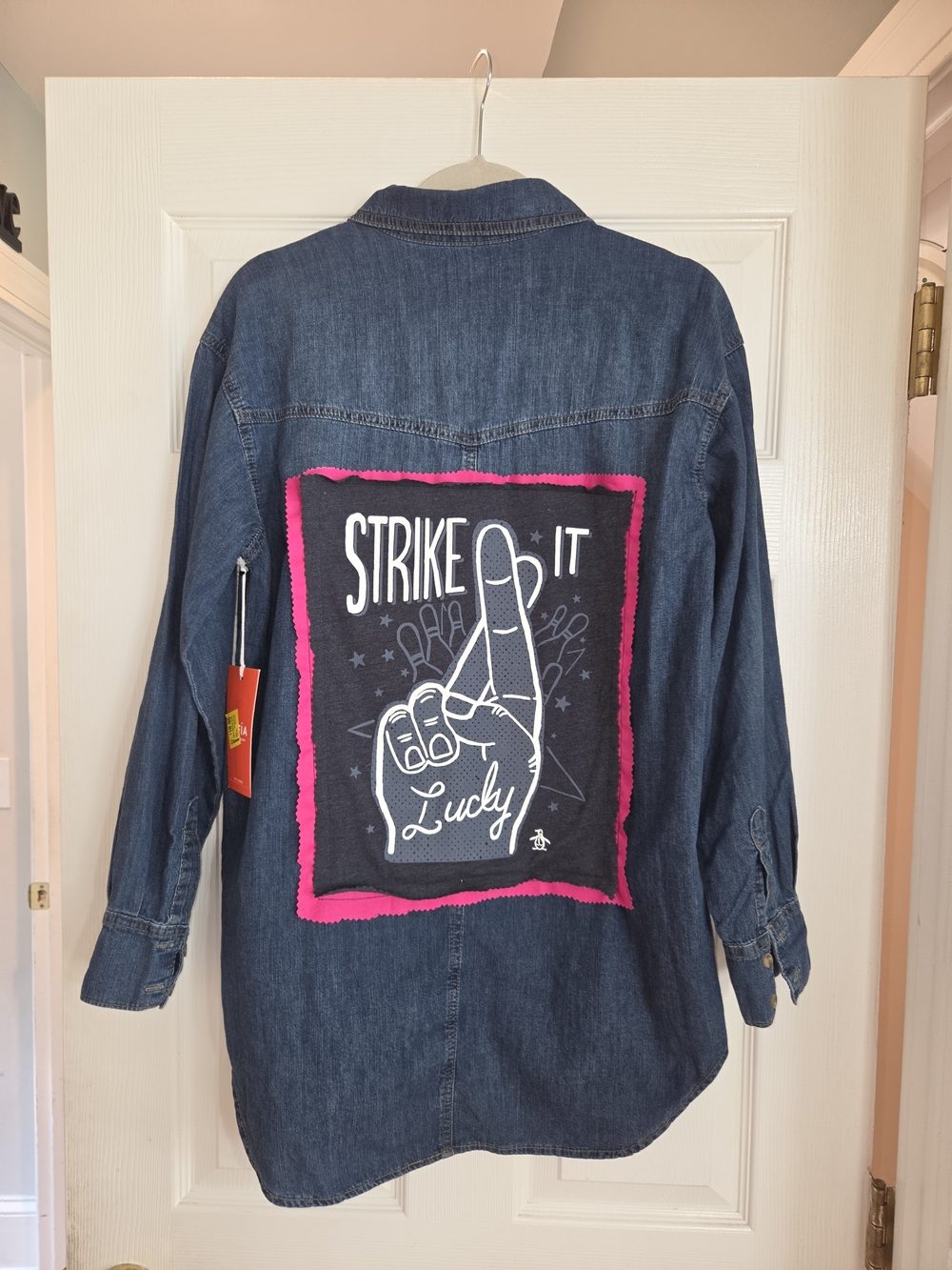 Upcycled Denim Shirt with 'Strike It Lucky' Graphic - Blue